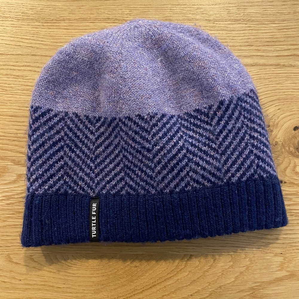 Turtle Fur Womens Purple Navy Chevron Knit Beanie Recycled Material Hat SOFT